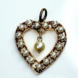 Art Deco 14K Gold Open Heart Seed Pearl Pendant with Dangle Pearl JR1477